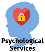 silhouette of side of a boy's head with heart and lock centered captioned Psychological Services 