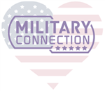 Image of a washed out American flag heart with Military CONNECTION with 5 stars in purple outlined in the shape of dog tags 