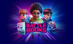 Battle of the Books with three children and three books in front of them with dark background.  