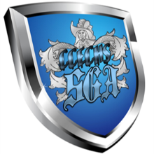 Graphic of a shield with CCECHS SGA within the Cross Creek Cavalier, blue background and grey/silver trim 