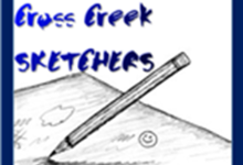 Image of Cross Creek Sketchers in blue with a pencil sketching and framed in blue 